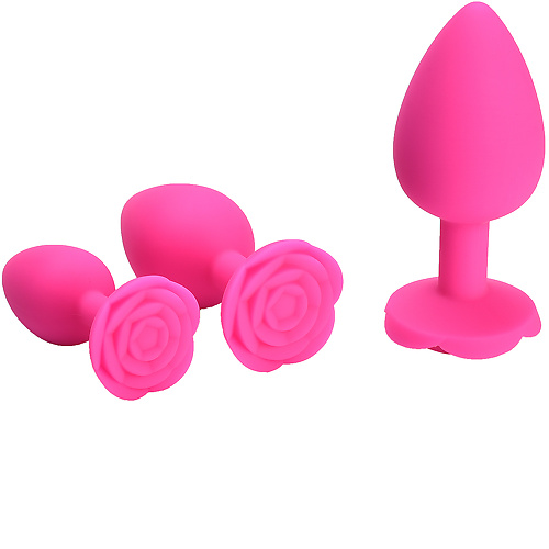 Розовая силиконовая анальная пробка с ограничителем в форме розочки (Размер L)  ap-s03-pink-l купить в секс-шопе Сочи