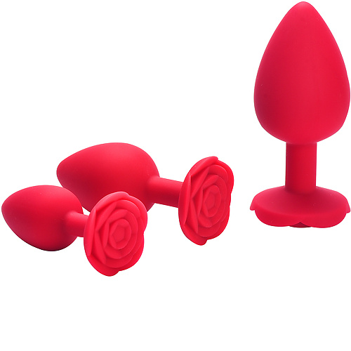 Красная силиконовая анальная пробка с ограничителем в форме розочки (Размер M)  ap-s03-red-m купить в секс-шопе Сочи