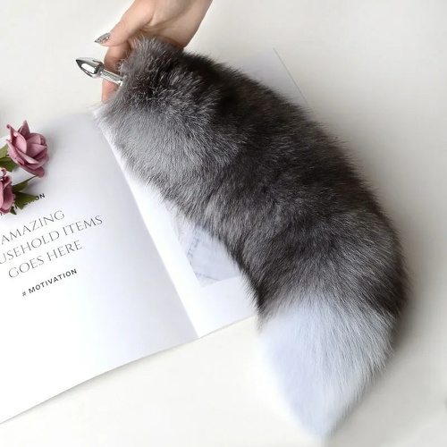 Металлическая анальная пробка с лисьим хвостом серая 40см  atail-10 купить в секс-шопе Сочи