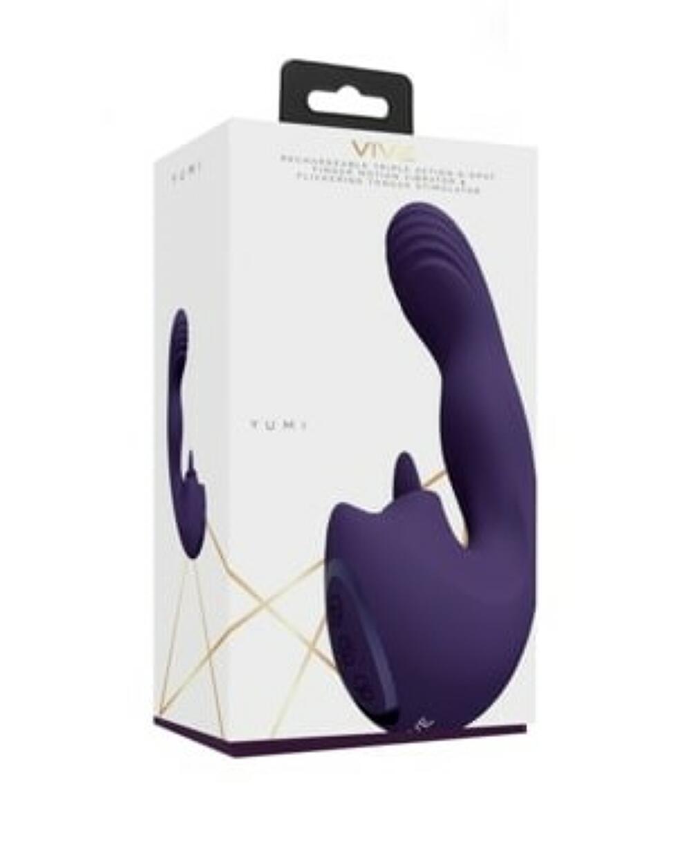 Фотография Вибромассажер Yumi с тремя моторами для точки G и мерцающим стимулятором язычка (фиолетовый)